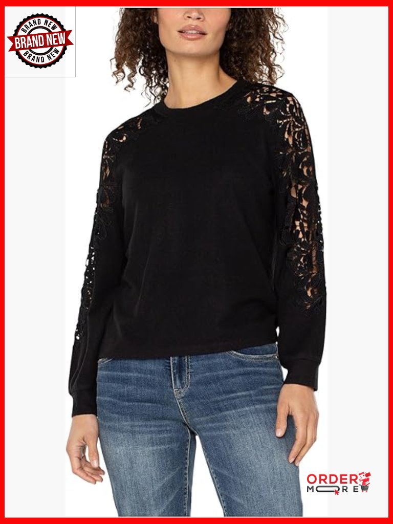 Long Sleeve Crew Neck Lace Inset Knit Top Petite
